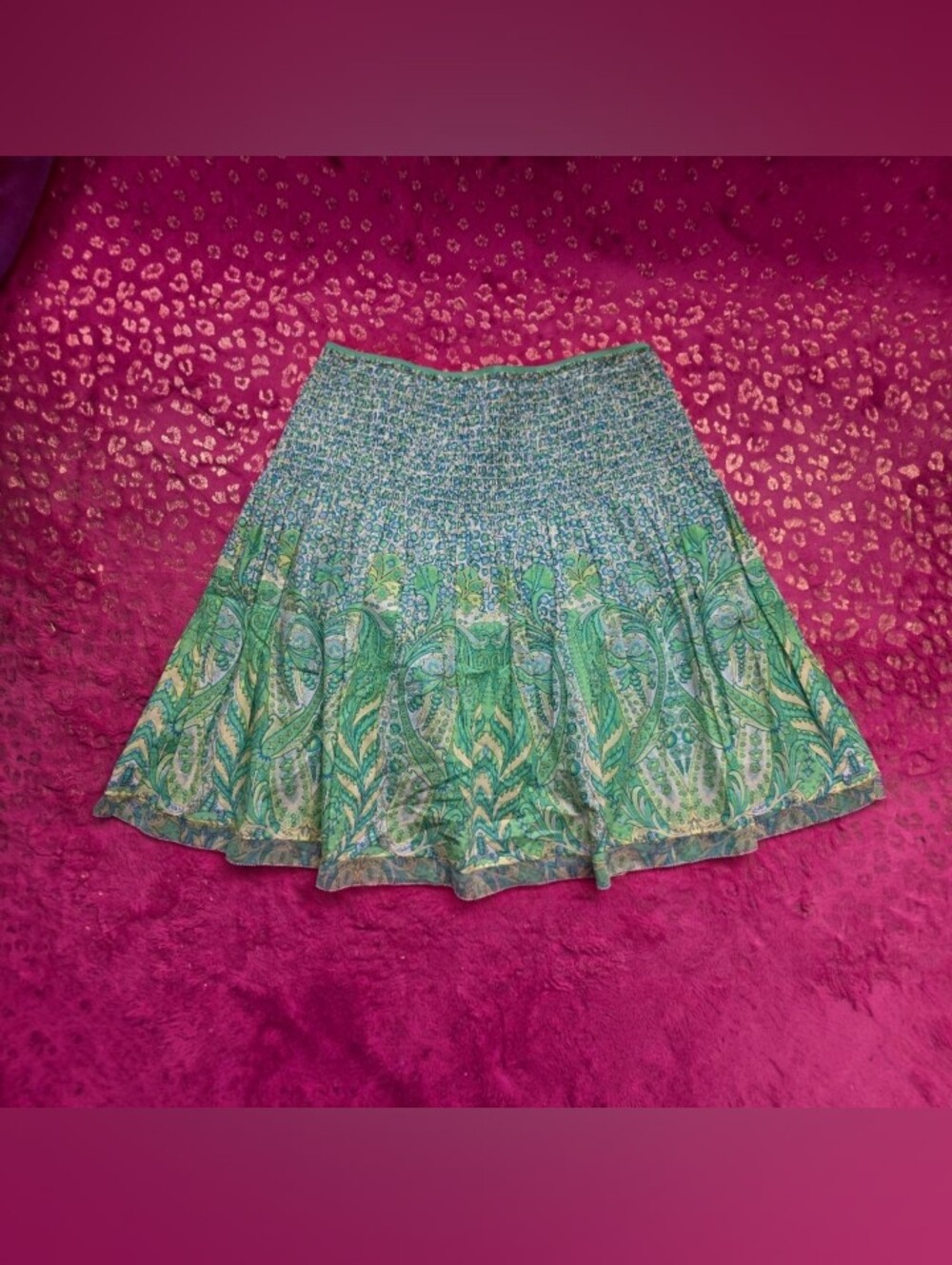 Elie Tahari Vintage Green and blue paisley print pleated skirt Size Small